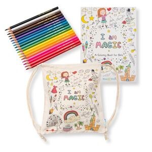 Girls Travel Activity Set - Affirmation Coloring Book, Pencils & Drawstring Bag